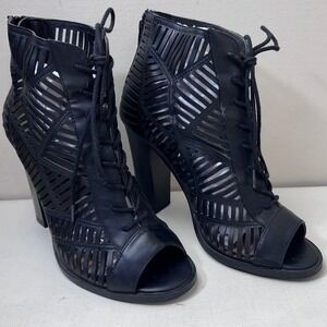 Mix No. 6 Black Laser Cut Cage Booties Open Toe Lace‎ Up Block Heel Size 6